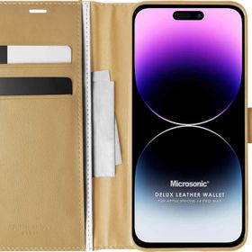 Microsonic Apple iPhone 14 Pro Max Delux Leather Wallet Gold Cep Telefonu Kılıfı