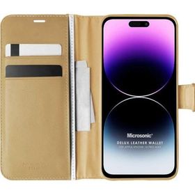Microsonic Apple iPhone 14 Pro Max Delux Leather Wallet Gold Cep Telefonu Kılıfı