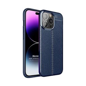 Microsonic Apple iPhone 14 Pro Max Deri Dokulu Lacivert Cep Telefonu Kılıfı