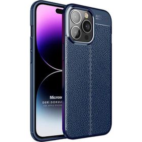 Microsonic Apple iPhone 14 Pro Max Deri Dokulu Silikon Lacivert Cep Telefonu Kılıfı