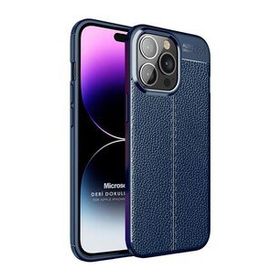 Microsonic Apple iPhone 14 Pro Max Deri Dokulu Silikon Lacivert Cep Telefonu Kılıfı