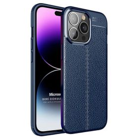 Microsonic Apple iPhone 14 Pro Max Deri Dokulu Silikon Lacivert Cep Telefonu Kılıfı