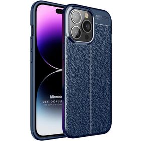 Microsonic Apple iPhone 14 Pro Max Deri Dokulu Silikon Lacivert Cep Telefonu Kılıfı