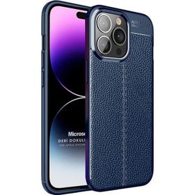 Microsonic Apple iPhone 14 Pro Max Deri Dokulu Silikon Lacivert Cep Telefonu Kılıfı