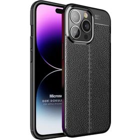 Microsonic Apple iPhone 14 Pro Max Deri Dokulu Silikon Siyah Cep Telefonu Kılıfı