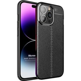 Microsonic Apple iPhone 14 Pro Max Deri Dokulu Silikon Siyah Cep Telefonu Kılıfı