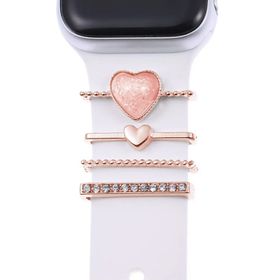 Microsonic Apple Watch SE 2022 Rose Gold 44 mm Charm İnci Kalp Kordon Süsü