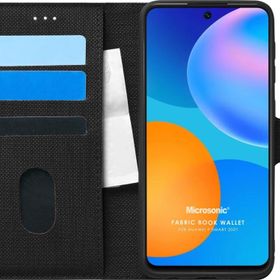 Microsonic Huawei P Smart 2021 Fabric Book Wallet Siyah Cep Telefonu Kılıfı