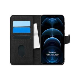 Microsonic iPhone 12 Pro Fabric Book Wallet Lacivert Cep Telefonu Kılıfı