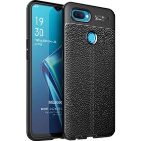 Microsonic Oppo A12 Deri Dokulu Silikon Siyah Cep Telefonu Kılıfı