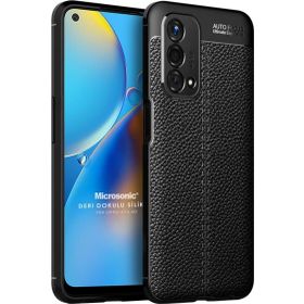 Microsonic Oppo A74 4G Deri Dokulu Silikon Siyah Cep Telefonu Kılıfı