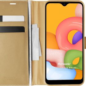 Microsonic Samsung Galaxy A01 Delux Leather Wallet Gold Cep Telefonu Kılıf