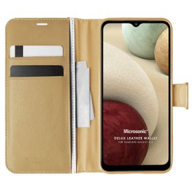 Microsonic Samsung Galaxy A12 Delux Leather Wallet Gold Kılıf