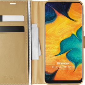 Microsonic Samsung Galaxy A30 Delux Leather Wallet Gold Kılıf