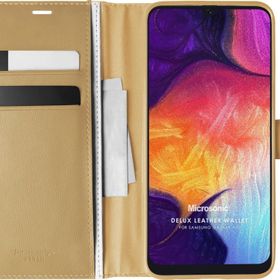Microsonic Samsung Galaxy A50 Delux Leather Wallet Gold Kılıf