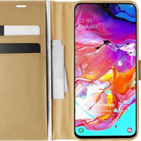 Microsonic Samsung Galaxy A70 Delux Leather Wallet Gold Kılıf