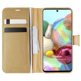 Microsonic Samsung Galaxy A71 Delux Leather Wallet Gold Kılıf