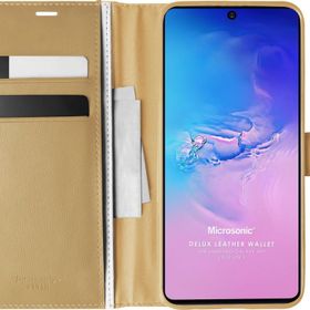 Microsonic Samsung Galaxy A91 Delux Leather Wallet Gold Cep Telefonu Kılıf