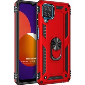 Microsonic Samsung Galaxy M12 Military Ring Holder Kırmızı Kılıf