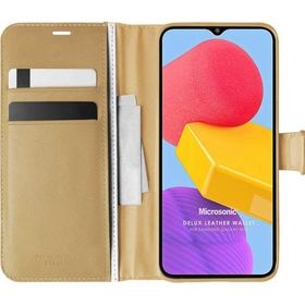 Microsonic Samsung Galaxy M13 Delux Leather Wallet Gold Cep Telefonu Kılıfı