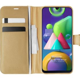 Microsonic Samsung Galaxy M21 Delux Leather Wallet Gold Cep Telefonu Kılıfı