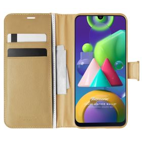 Microsonic Samsung Galaxy M21 Delux Leather Wallet Gold Cep Telefonu Kılıfı