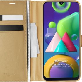 Microsonic Samsung Galaxy M21 Delux Leather Wallet Gold Cep Telefonu Kılıfı