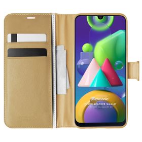 Microsonic Samsung Galaxy M21 Delux Leather Wallet Gold Cep Telefonu Kılıfı
