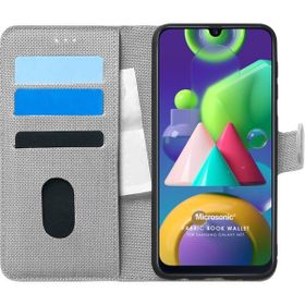 Microsonic Samsung Galaxy M21 Gri Fabric Book Wallet Cep Telefon Kılıfı