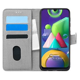 Microsonic Samsung Galaxy M21 Gri Fabric Book Wallet Cep Telefon Kılıfı