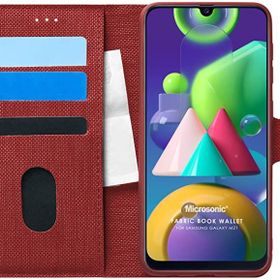 Microsonic Samsung Galaxy M21 Kırmızı Fabric Book Wallet Cep Telefon Kılıfı
