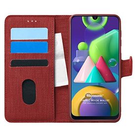 Microsonic Samsung Galaxy M21 Kırmızı Fabric Book Wallet Cep Telefon Kılıfı