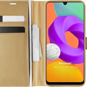 Microsonic Samsung Galaxy M22 Delux Leather Wallet Gold Cep Telefonu Kılıfı