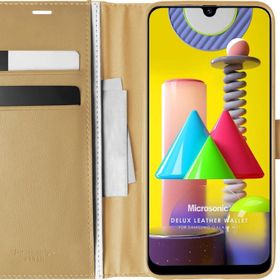 Microsonic Samsung Galaxy M31 Delux Leather Wallet Gold Cep Telefonu Kılıfı