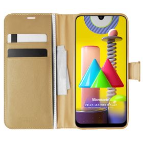 Microsonic Samsung Galaxy M31 Delux Leather Wallet Gold Cep Telefonu Kılıfı