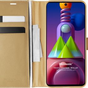 Microsonic Samsung Galaxy M51 Delux Leather Wallet Gold Cep Telefonu Kılıfı