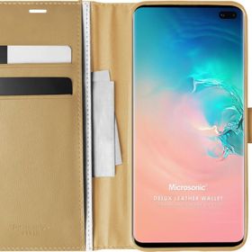Microsonic Samsung Galaxy S10 Plus Delux Leather Wallet Gold Cep Telefonu Kılıf