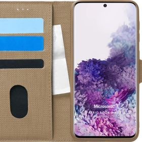 Microsonic Samsung Galaxy S20 Plus Fabric Book Wallet Gold Cep Telefonu Kılıfı