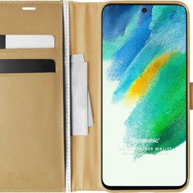 Microsonic Samsung Galaxy S21 FE Delux Leather Wallet Gold Cep Telefonu Kılıfı