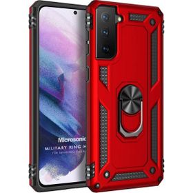 Microsonic Samsung Galaxy S21 Military Ring Holder Kırmızı Cep Telefonu Kılıfı