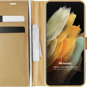 Microsonic Samsung Galaxy S21 Ultra Delux Leather Wallet Gold Cep Telefonu Kılıfı