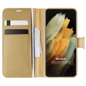Microsonic Samsung Galaxy S21 Ultra Delux Leather Wallet Gold Cep Telefonu Kılıfı