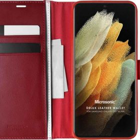 Microsonic Samsung Galaxy S21 Ultra Delux Leather Wallet Kırmızı Cep Telefonu Kılıfı
