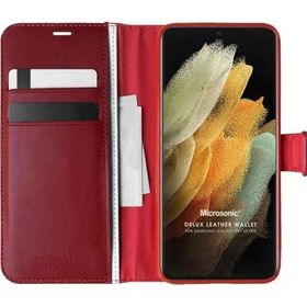 Microsonic Samsung Galaxy S21 Ultra Delux Leather Wallet Kırmızı Cep Telefonu Kılıfı