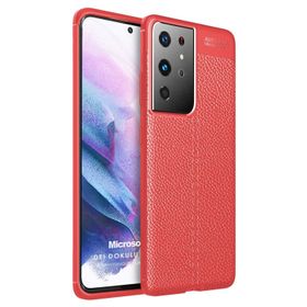 Microsonic Samsung Galaxy S21 Ultra Deri Dokulu Silikon Kırmızı Cep Telefonu Kılıfı