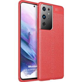 Microsonic Samsung Galaxy S21 Ultra Deri Dokulu Silikon Kırmızı Cep Telefonu Kılıfı