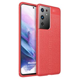 Microsonic Samsung Galaxy S21 Ultra Deri Dokulu Silikon Kırmızı Cep Telefonu Kılıfı