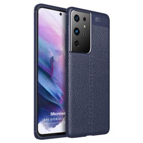 Microsonic Samsung Galaxy S21 Ultra Deri Dokulu Silikon Lacivert Cep Telefonu Kılıfı