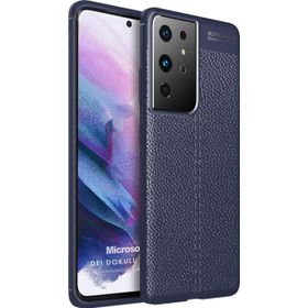 Microsonic Samsung Galaxy S21 Ultra Deri Dokulu Silikon Lacivert Cep Telefonu Kılıfı