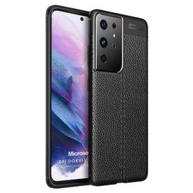 Microsonic Samsung Galaxy S21 Ultra Deri Dokulu Silikon Siyah Kılıf